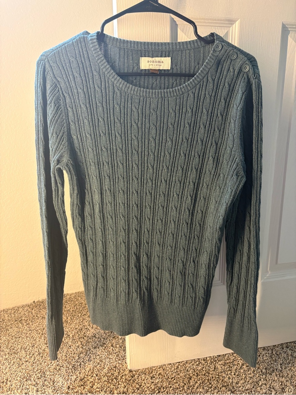 Sonoma Cable Knit Crewneck Sweater in Dusty Teal with Shoulder Buttons